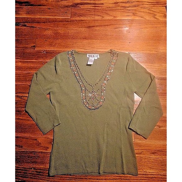 Sara & Lily Womens Top Size Small Green Long Sleeve V Neck Embellished - Picture 9 of 11